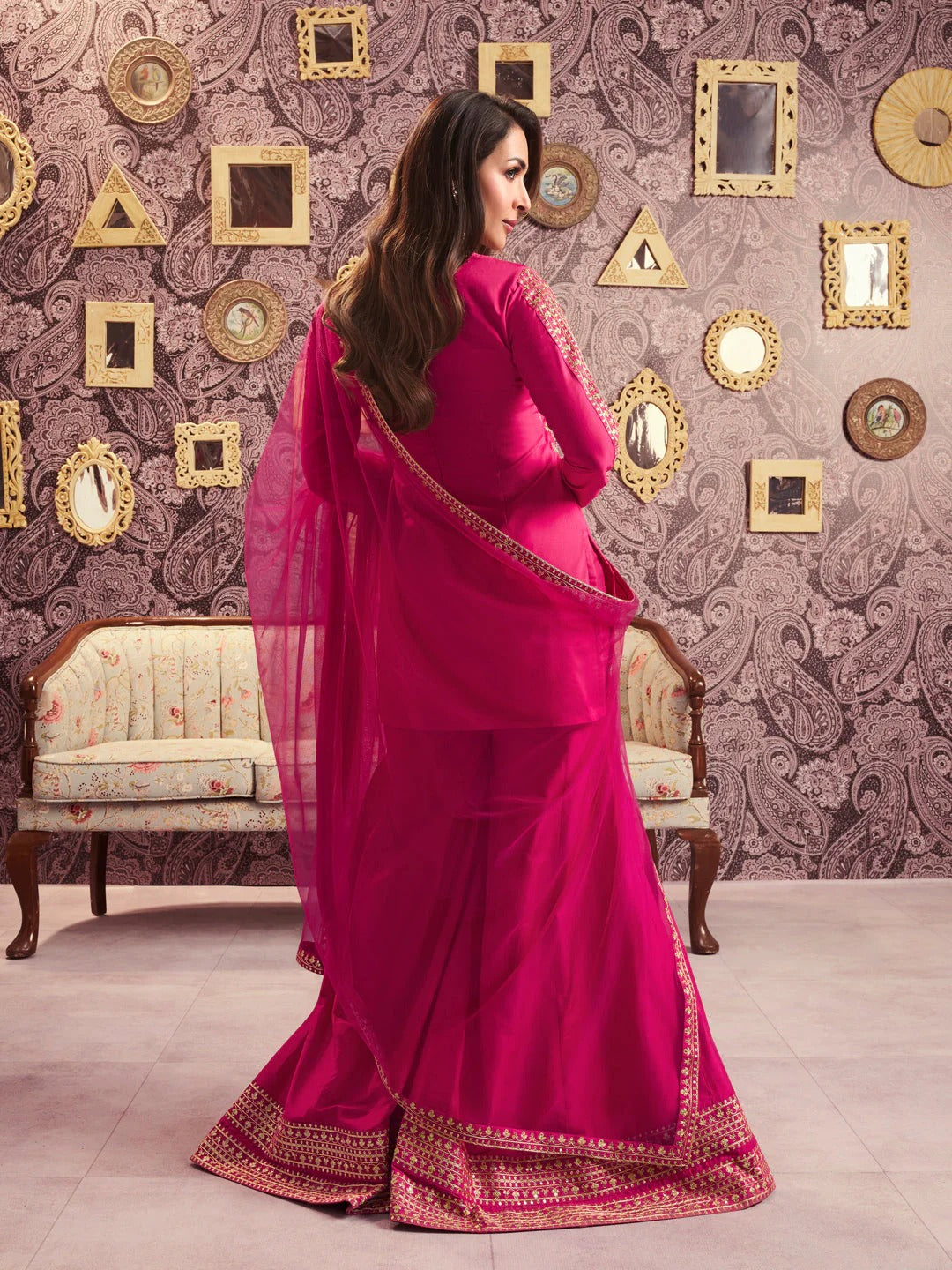 Rani Chanderi Silk Embroidered Kurti Set with Palazzo & Dupatta