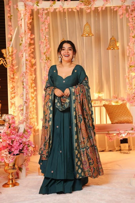 Petrol Green P.V. Chanderi Anarkali Kurta Sharara Set