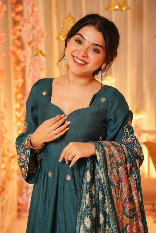Petrol Green P.V. Chanderi Anarkali Kurta Sharara Set