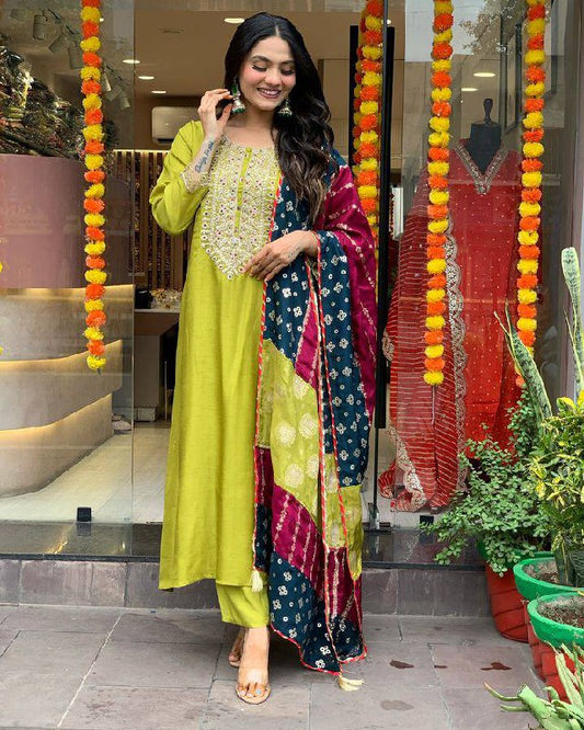 Lemon Yellow Viscose Chanderi Embroidered Kurti Set with Jacquard Dupatta