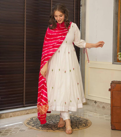 Off-White Chanderi Embroidered Anarkali Kurta Set with Dupatta
