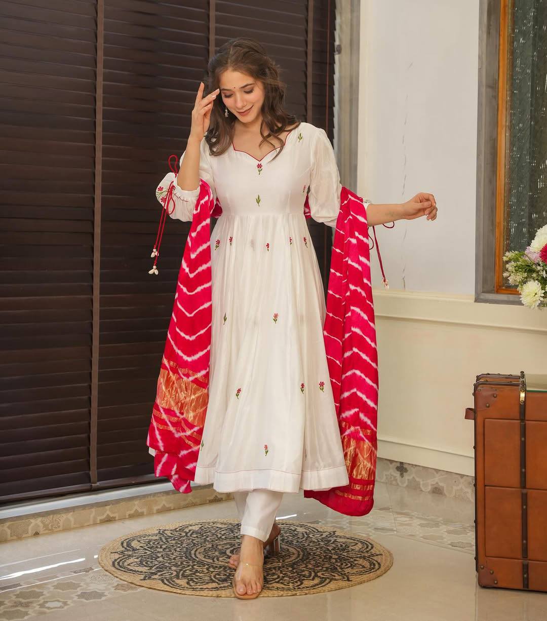 Off-White Chanderi Embroidered Anarkali Kurta Set with Dupatta