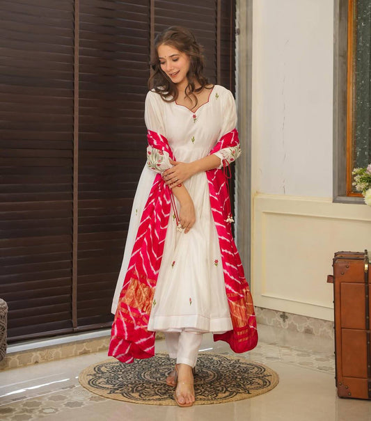 Off-White Chanderi Embroidered Anarkali Kurta Set with Dupatta
