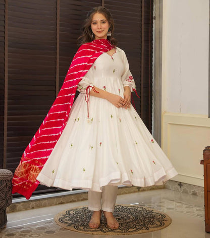 Off-White Chanderi Embroidered Anarkali Kurta Set with Dupatta