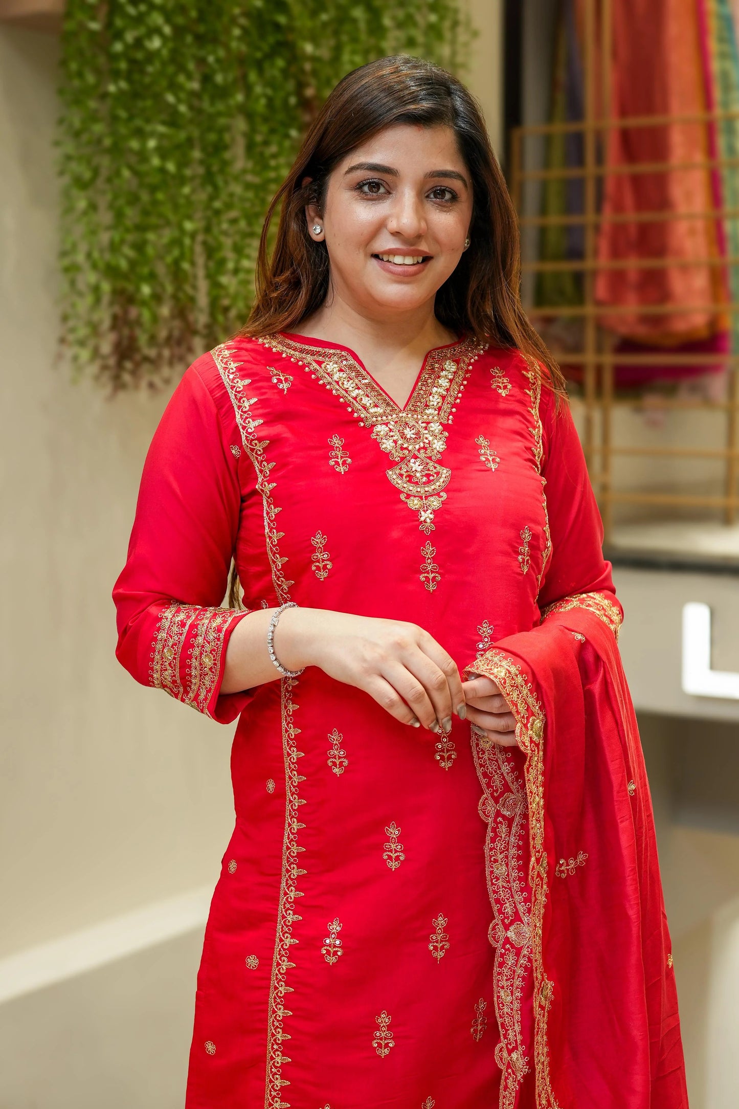 Red, Pink Chanderi Silk Embroidered Kurti Set