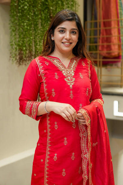Red, Pink Chanderi Silk Embroidered Kurti Set