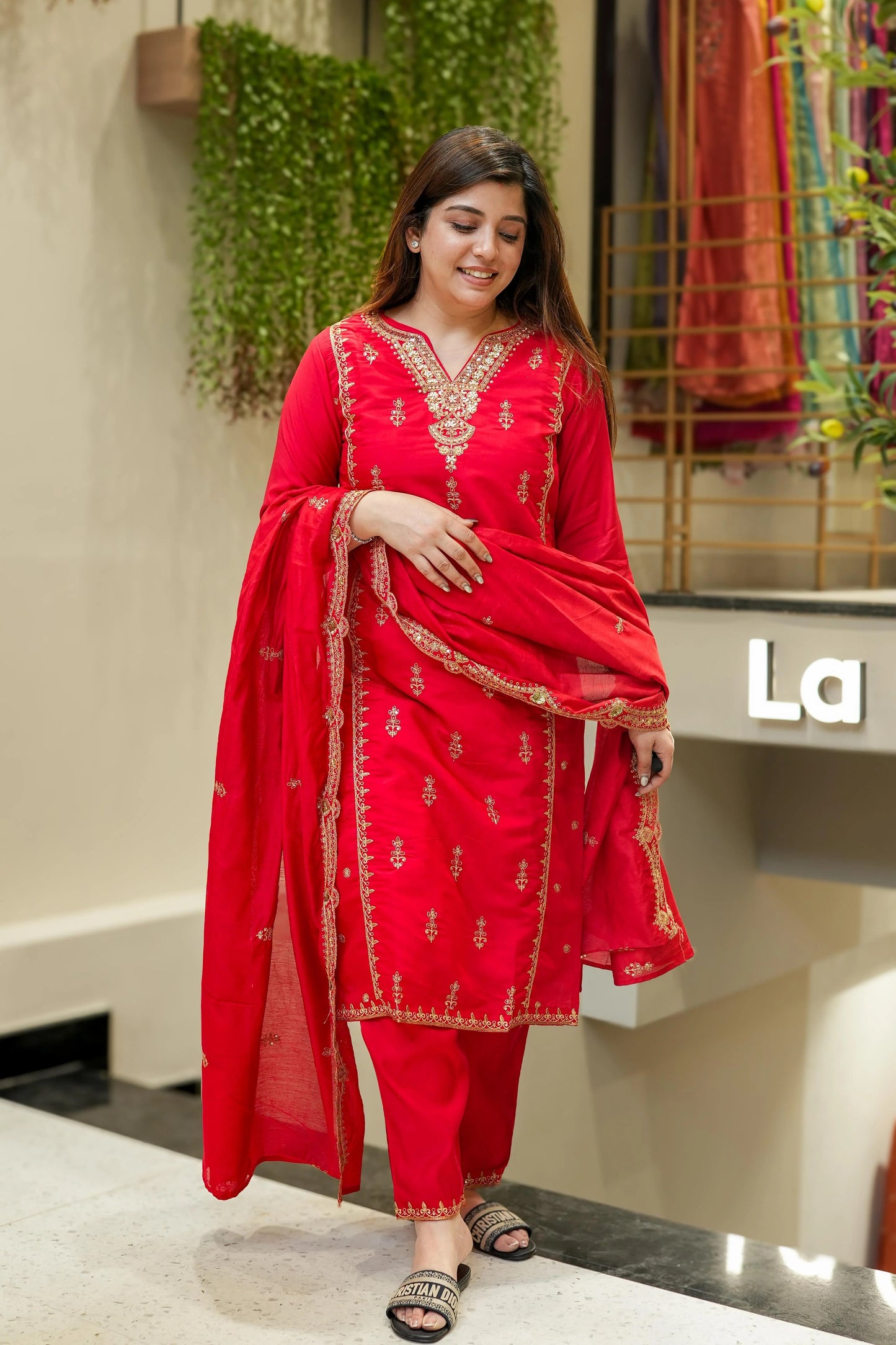 Red, Pink Chanderi Silk Embroidered Kurti Set
