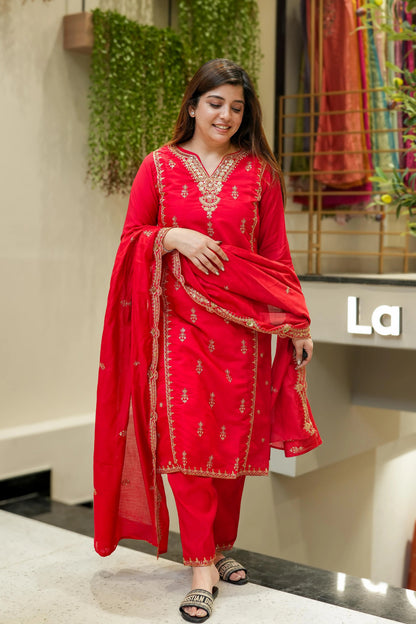 Red, Pink Chanderi Silk Embroidered Kurti Set