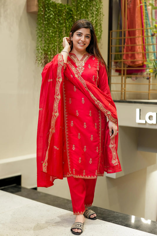 Red, Pink Chanderi Silk Embroidered Kurti Set