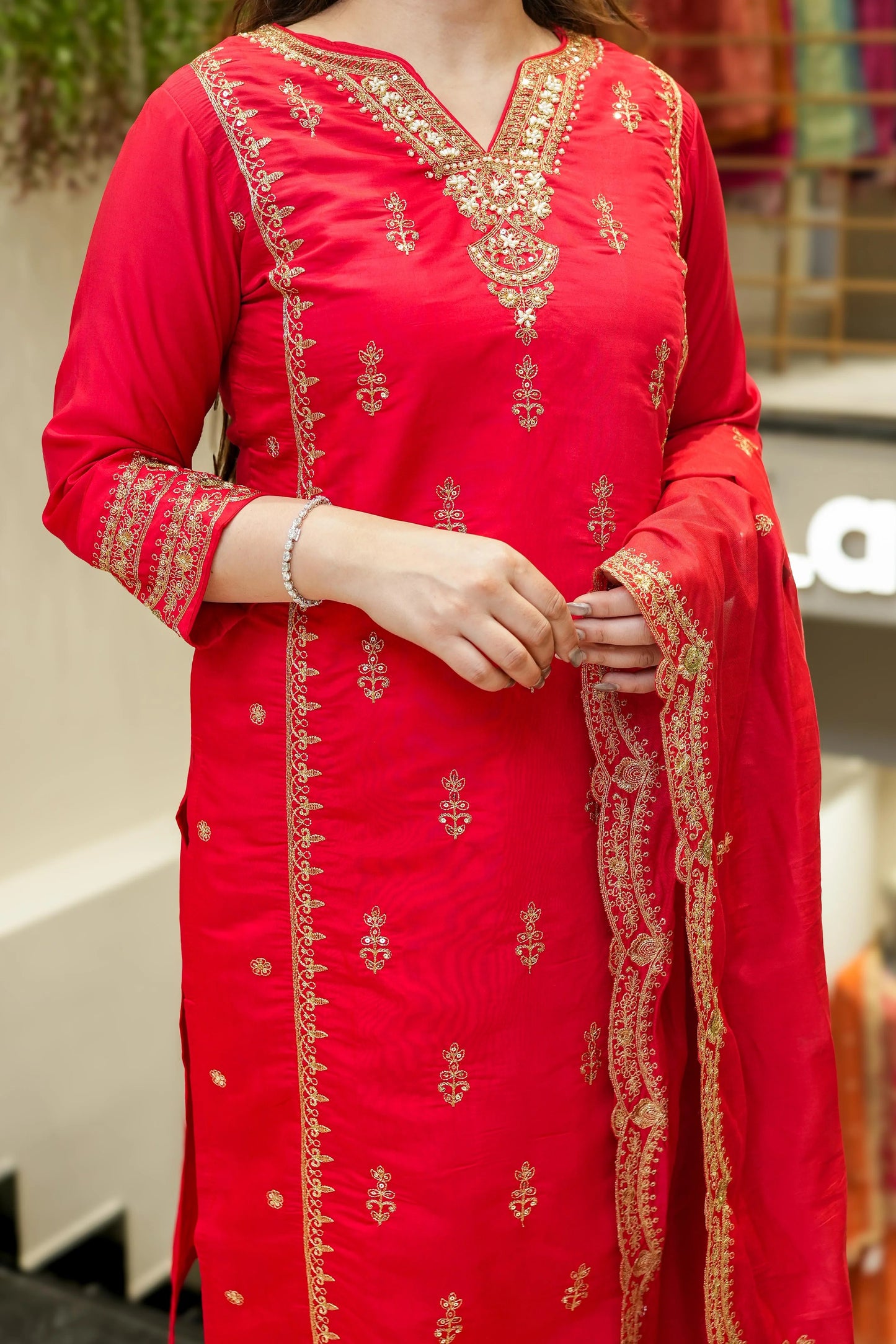 Red, Pink Chanderi Silk Embroidered Kurti Set