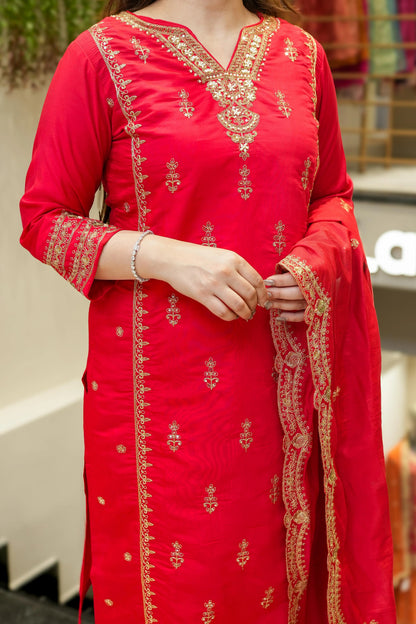 Red, Pink Chanderi Silk Embroidered Kurti Set