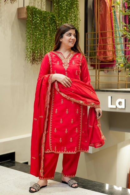 Red, Pink Chanderi Silk Embroidered Kurti Set