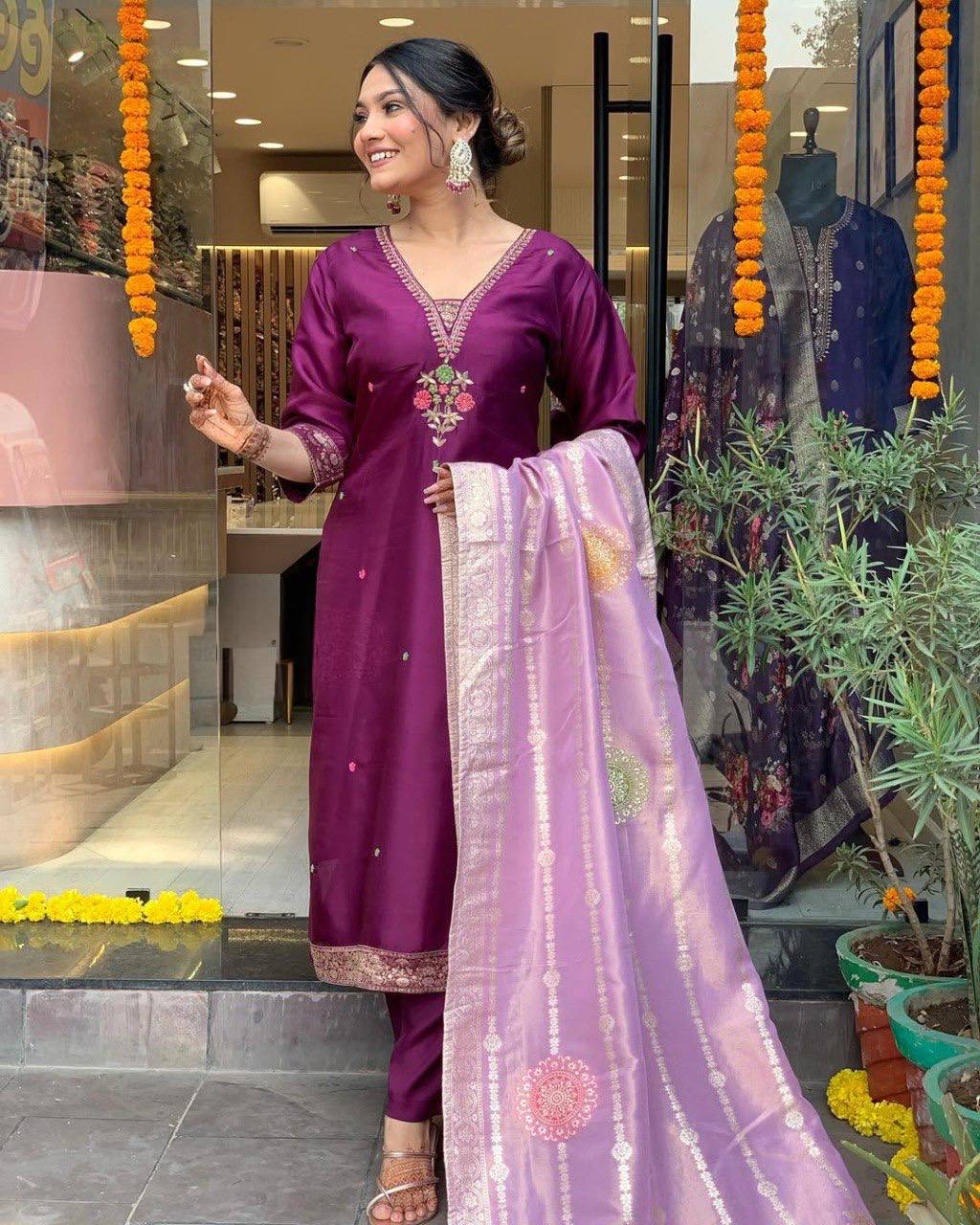 Purple Chanderi Embroidered Kurti Set with Jacquard Dupatta