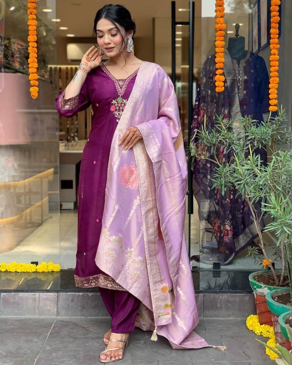 Purple Chanderi Embroidered Kurti Set with Jacquard Dupatta