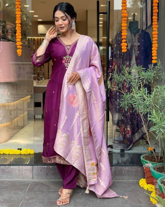 Purple Chanderi Embroidered Kurti Set with Jacquard Dupatta