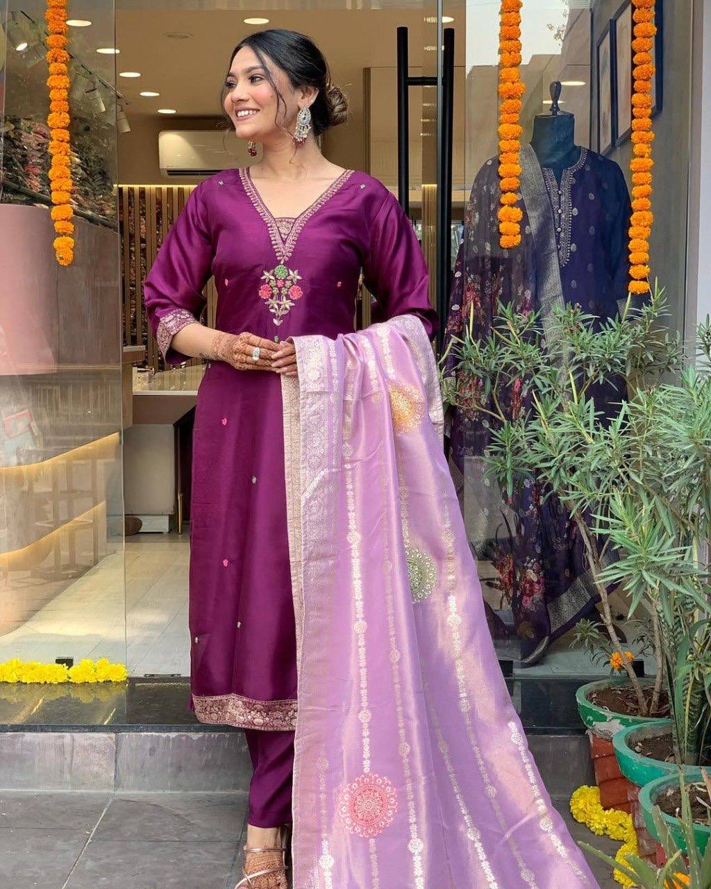 Purple Chanderi Embroidered Kurti Set with Jacquard Dupatta