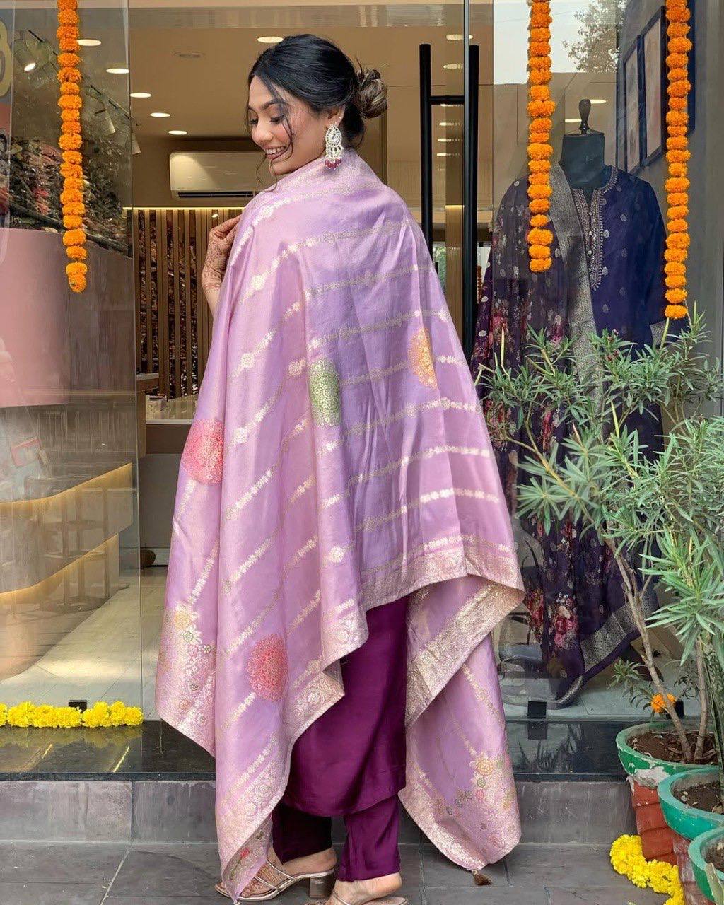 Purple Chanderi Embroidered Kurti Set with Jacquard Dupatta