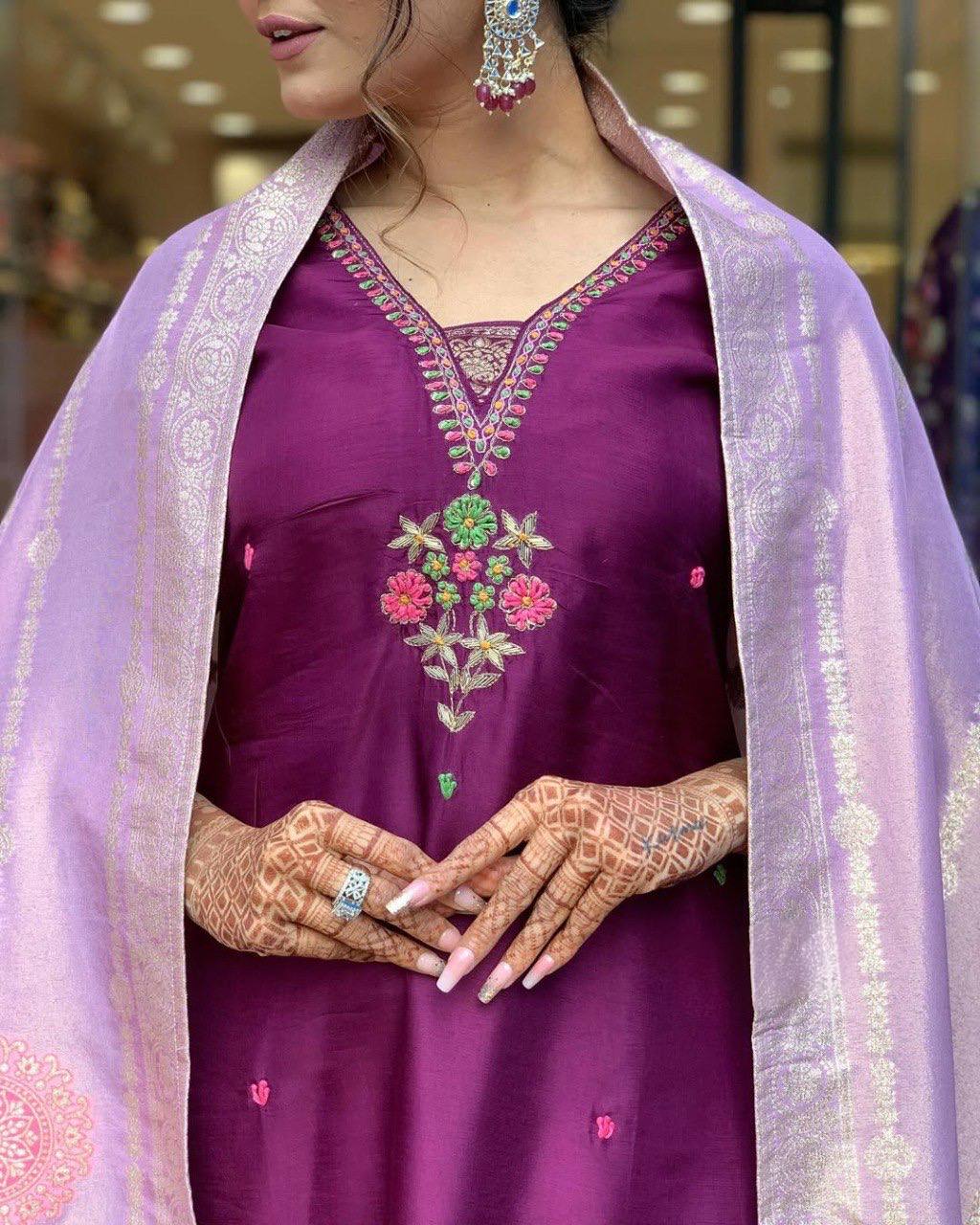 Purple Chanderi Embroidered Kurti Set with Jacquard Dupatta