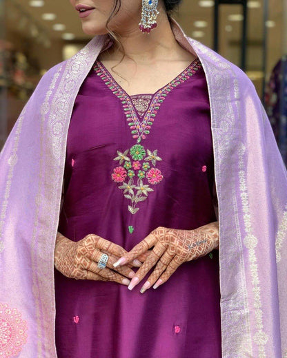 Purple Chanderi Embroidered Kurti Set with Jacquard Dupatta