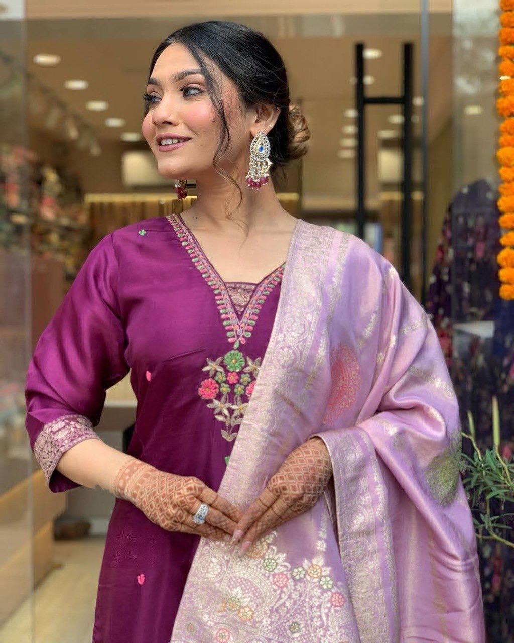 Purple Chanderi Embroidered Kurti Set with Jacquard Dupatta