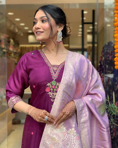 Purple Chanderi Embroidered Kurti Set with Jacquard Dupatta