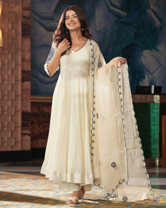 Cream Vichitra Silk Embroidered Anarkali Kurti Set
