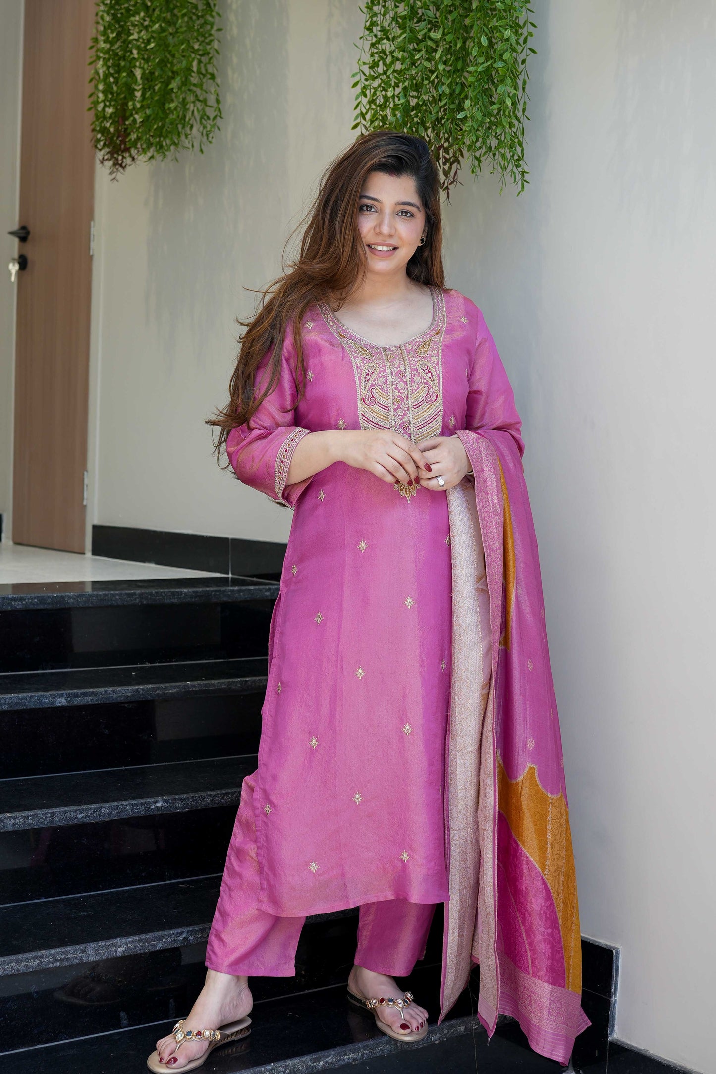 Peach Embroidered Viscose Simmer Kurti Set with Jacquard Dupatta