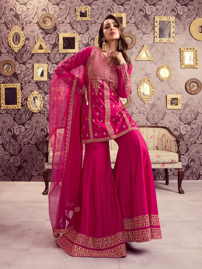 Rani Chanderi Silk Embroidered Kurti Set with Palazzo & Dupatta