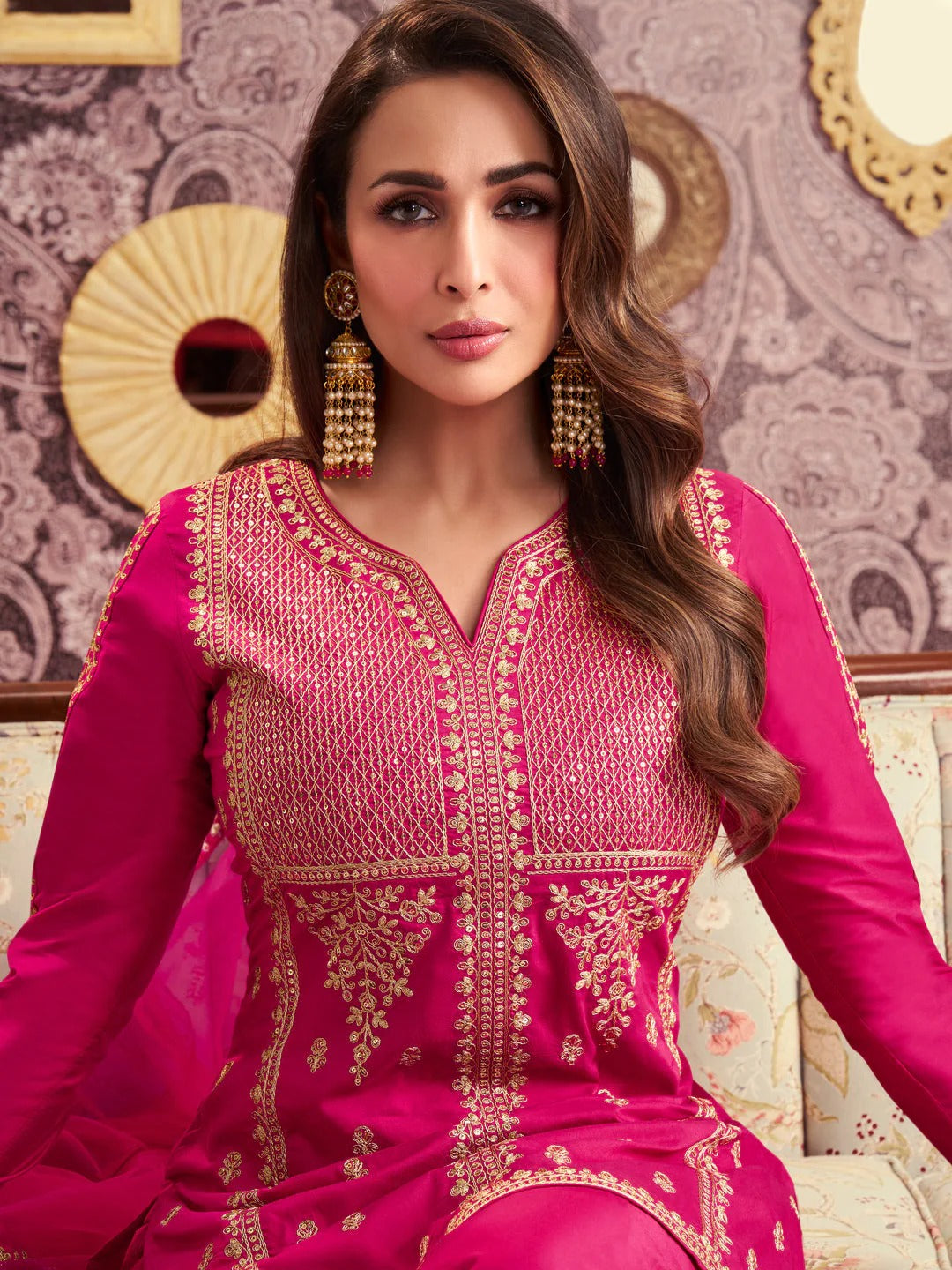 Rani Chanderi Silk Embroidered Kurti Set with Palazzo & Dupatta