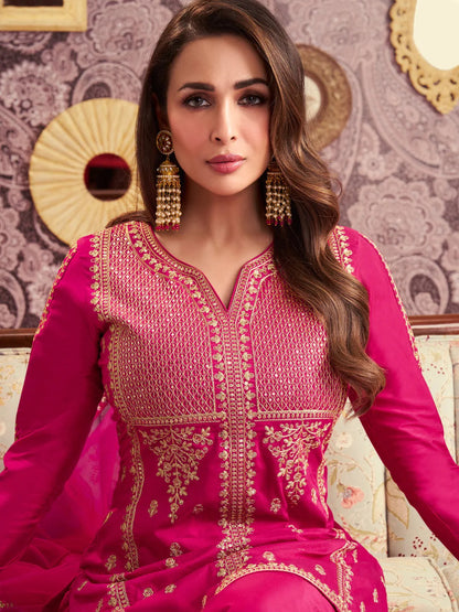 Rani Chanderi Silk Embroidered Kurti Set with Palazzo & Dupatta