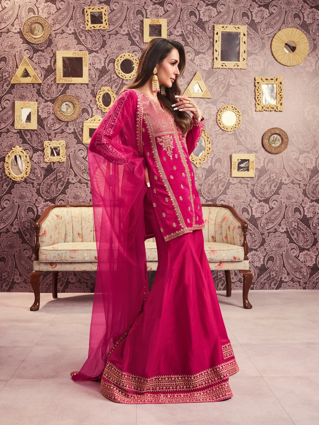 Rani Chanderi Silk Embroidered Kurti Set with Palazzo & Dupatta