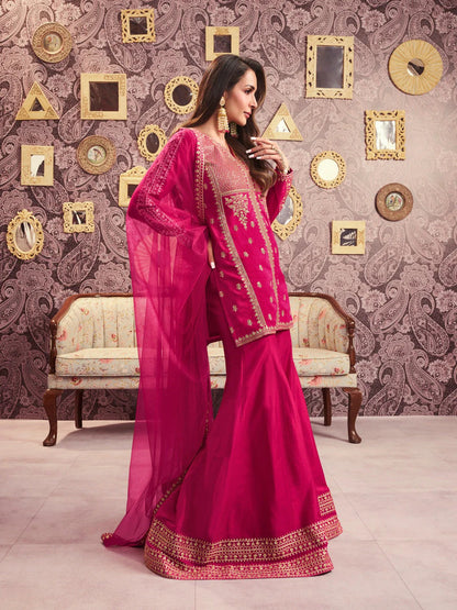 Rani Chanderi Silk Embroidered Kurti Set with Palazzo & Dupatta