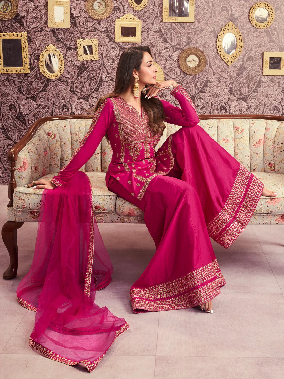 Rani Chanderi Silk Embroidered Kurti Set with Palazzo & Dupatta