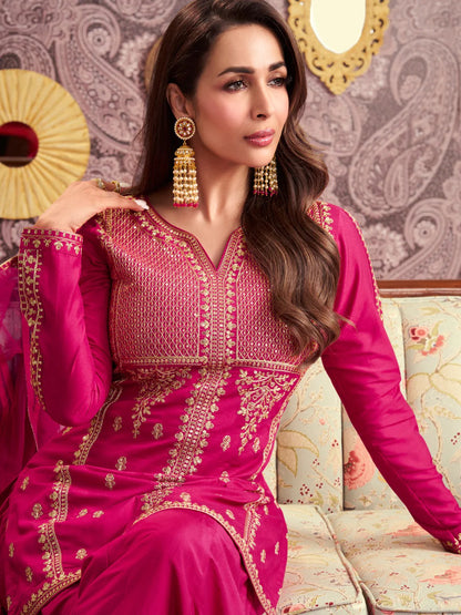 Rani Chanderi Silk Embroidered Kurti Set with Palazzo & Dupatta