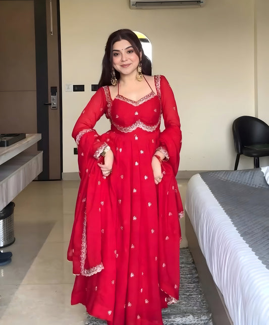 Red Embroidered Anarkali kurti set